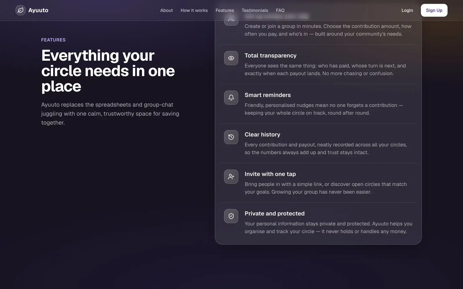 Ayuuto's features list: transparency, smart reminders, clear history, invites and privacy