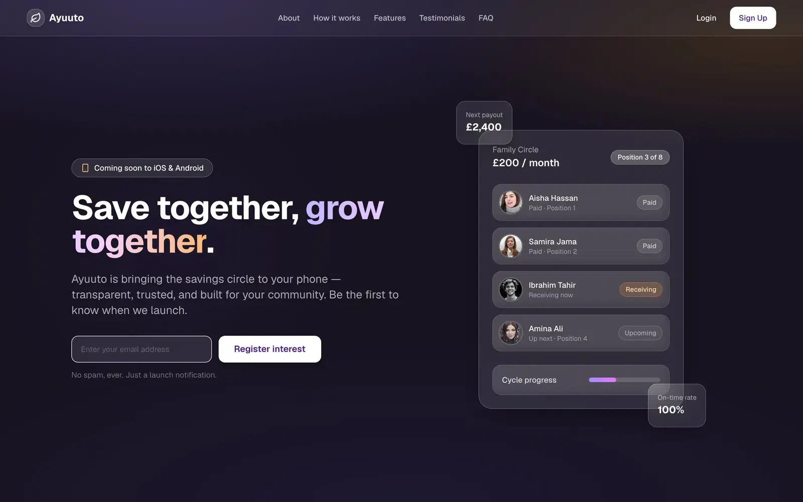 Ayuuto homepage: 'Save together, grow together' beside a card showing a family savings circle with members' payment status