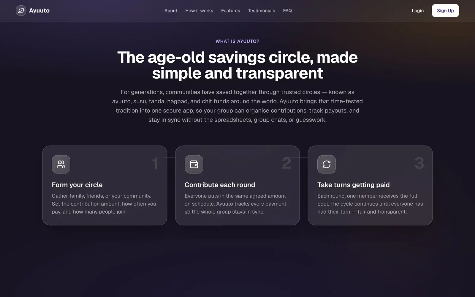 Ayuuto's 'What is Ayuuto?' section explaining the three steps of a savings circle