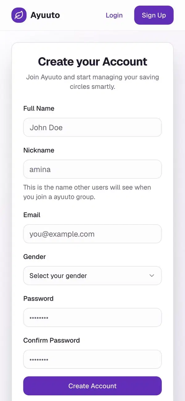 Ayuuto's create-account form on a phone