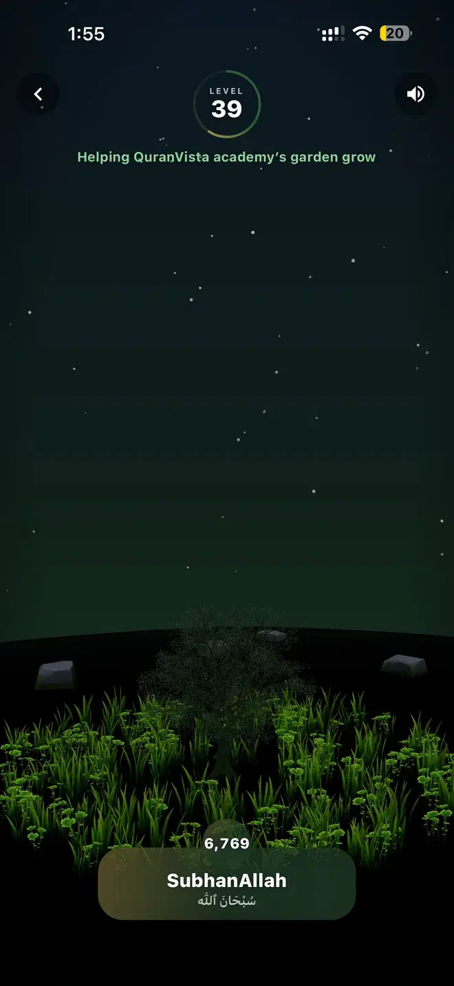 Helping another user's garden grow at night, showing their level and dhikr count