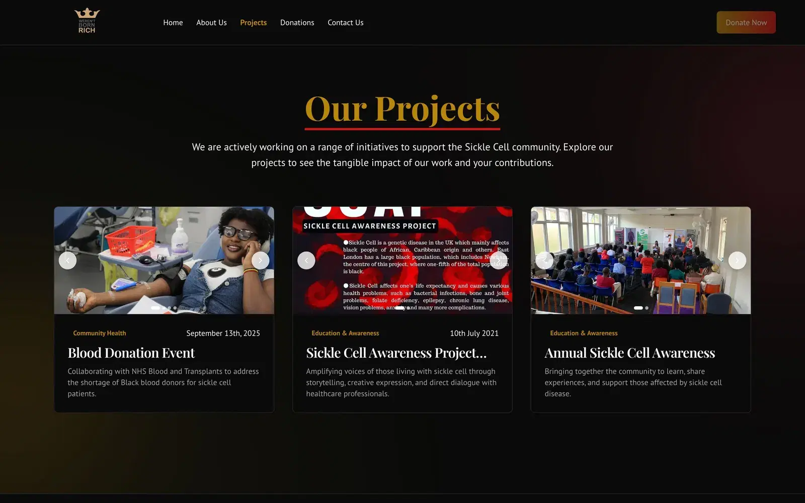 The Our Projects page with cards for a blood donation event, an awareness project and an annual awareness event